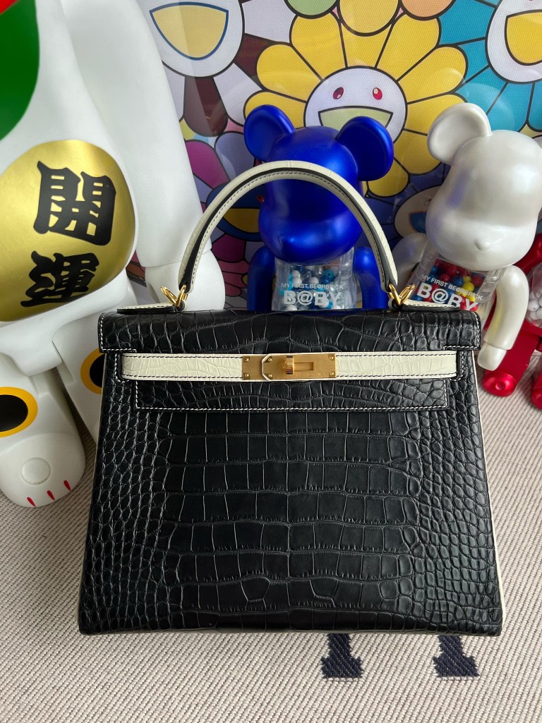Hermès（爱马仕）Kelly 凯莉包 Alligator matt 雾面鳄鱼 ck89 黑色 拼 Noir 8L 奶油白 beton 金扣 马蹄印 28cm