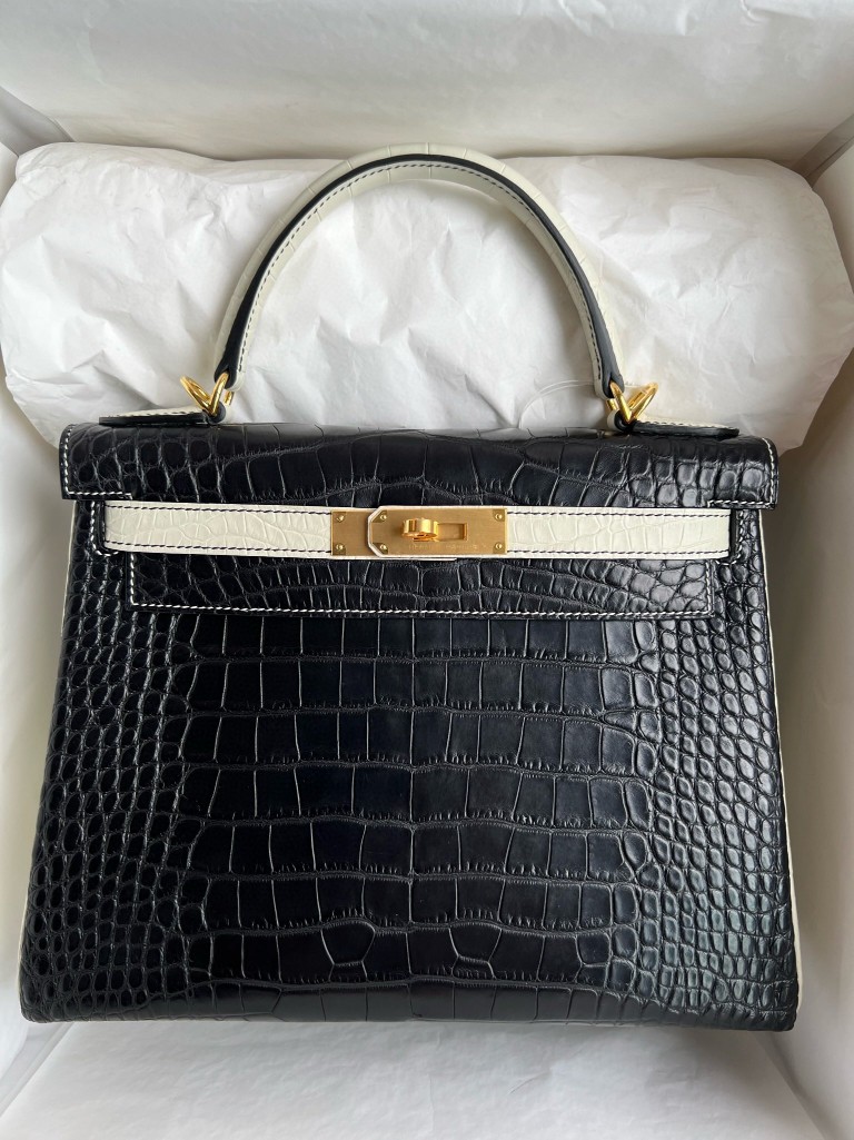 Hermès（爱马仕）Kelly 凯莉包 Alligator matt 雾面鳄鱼 ck89 黑色 拼 Noir 8L 奶油白 beton 金扣 马蹄印 28cm