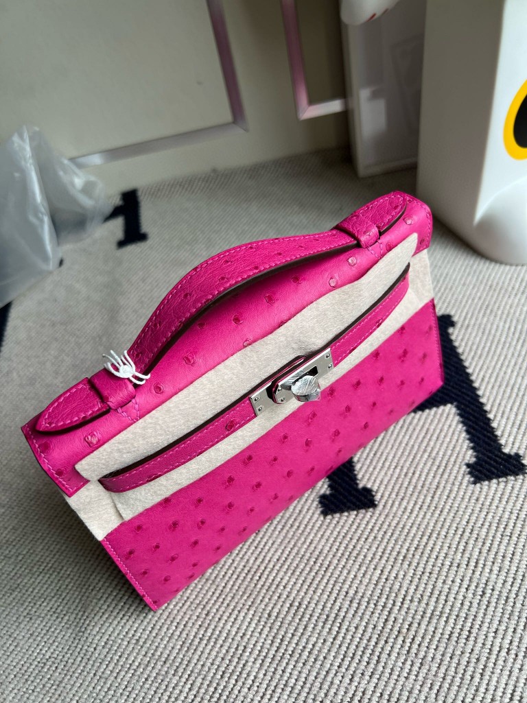 Hermès（爱马仕）Mini pochette Ostrich KK 鸵鸟 桃粉 银扣 22cm 手拿包 晚宴包 顶级手缝