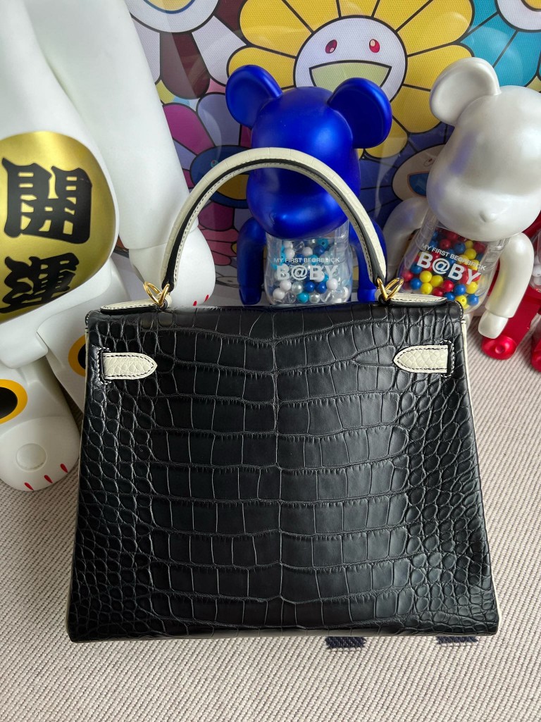 Hermès（爱马仕）Kelly 凯莉包 Alligator matt 雾面鳄鱼 ck89 黑色 拼 Noir 8L 奶油白 beton 金扣 马蹄印 28cm