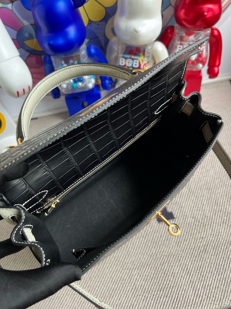 Hermès（爱马仕）Kelly 凯莉包 Alligator matt 雾面鳄鱼 ck89 黑色 拼 Noir 8L 奶油白 beton 金扣 马蹄印 28cm