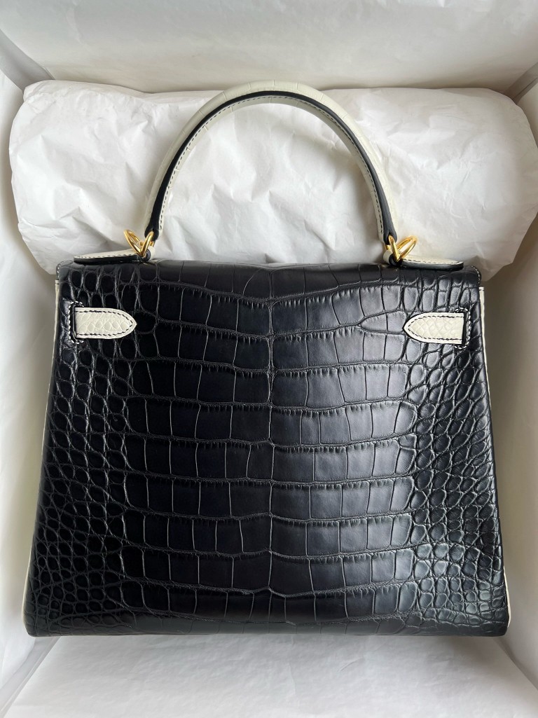 Hermès（爱马仕）Kelly 凯莉包 Alligator matt 雾面鳄鱼 ck89 黑色 拼 Noir 8L 奶油白 beton 金扣 马蹄印 28cm
