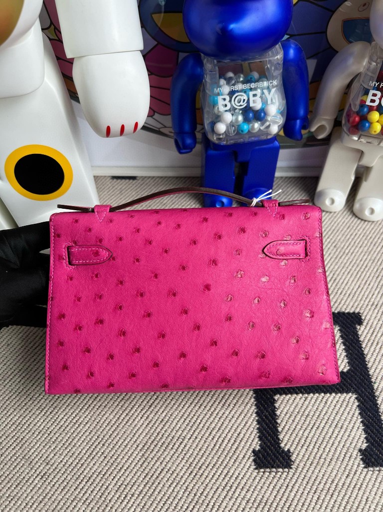Hermès（爱马仕）Mini pochette Ostrich KK 鸵鸟 桃粉 银扣 22cm 手拿包 晚宴包 顶级手缝