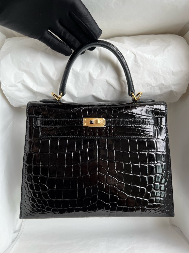 Hermès(爱马仕)Kelly 凯莉包 Crocodile shiny 亮面鳄鱼 ck89 黑色 noir 金扣 25cm 顶级手缝-拉尔森鳄鱼皮具定制 - 爱马仕包包官网 Hermès(爱马仕)Kelly 凯莉包 Crocodile shiny 亮面鳄鱼 ck89 黑色 noir 金扣 25cm 顶级手缝