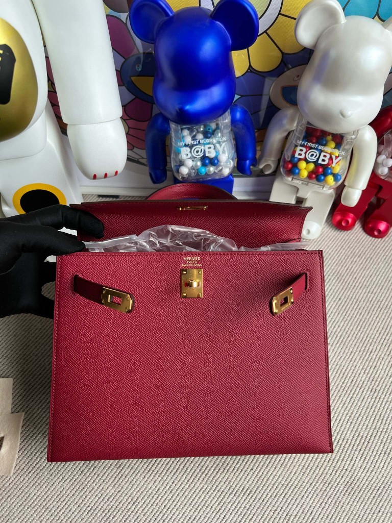 Hermès（爱马仕）kelly 凯莉包 原厂掌纹皮 Epsom k1 石榴红 Rouge grenat 金扣 25cm 顶级手缝